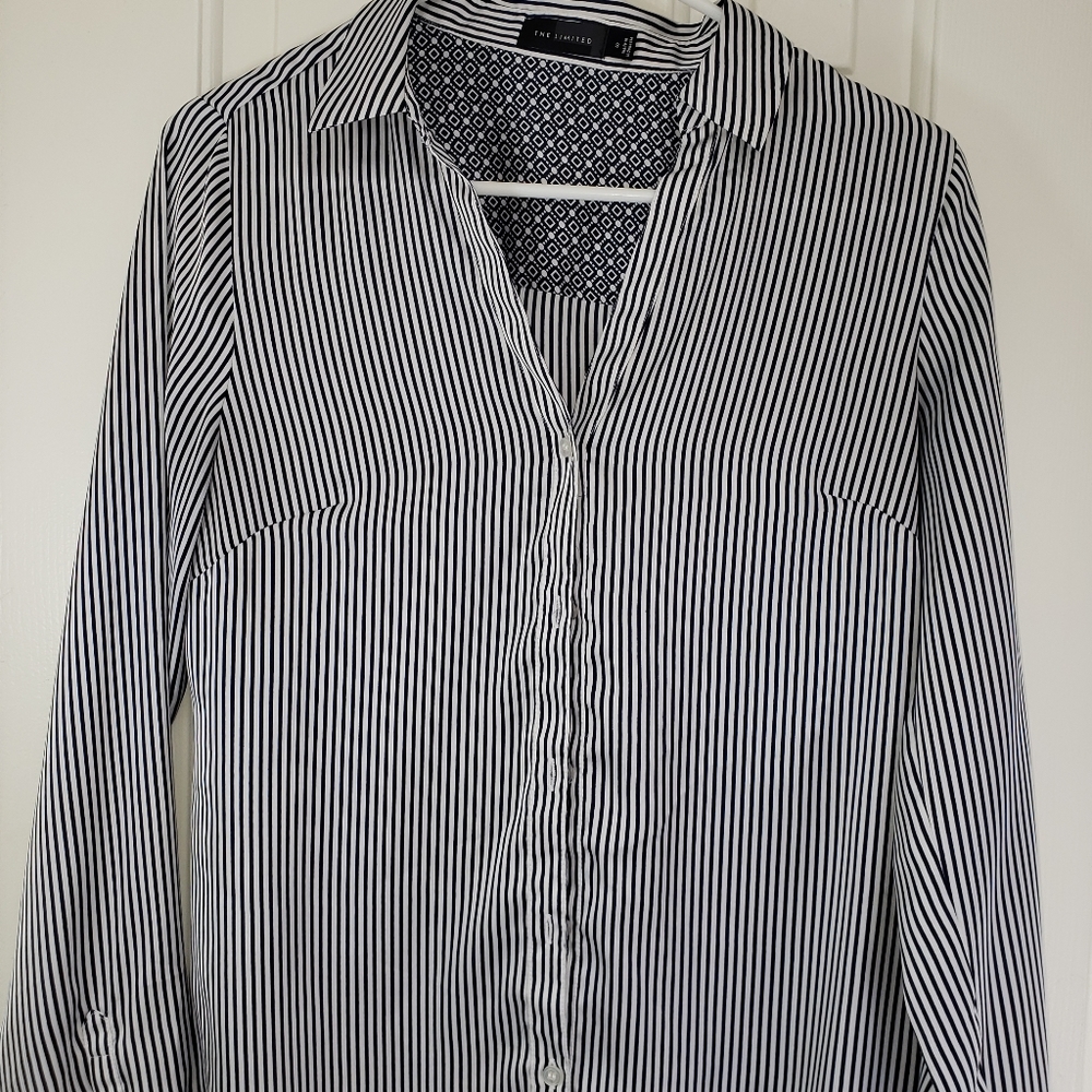 Navy White Striped Button Blouse